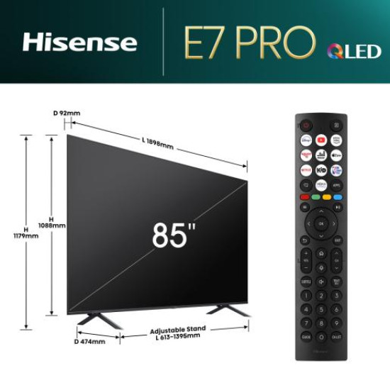 Hisense 85" E7NQ Pro, 4K Ultra HD 3840x2160, QLED, 144Hz